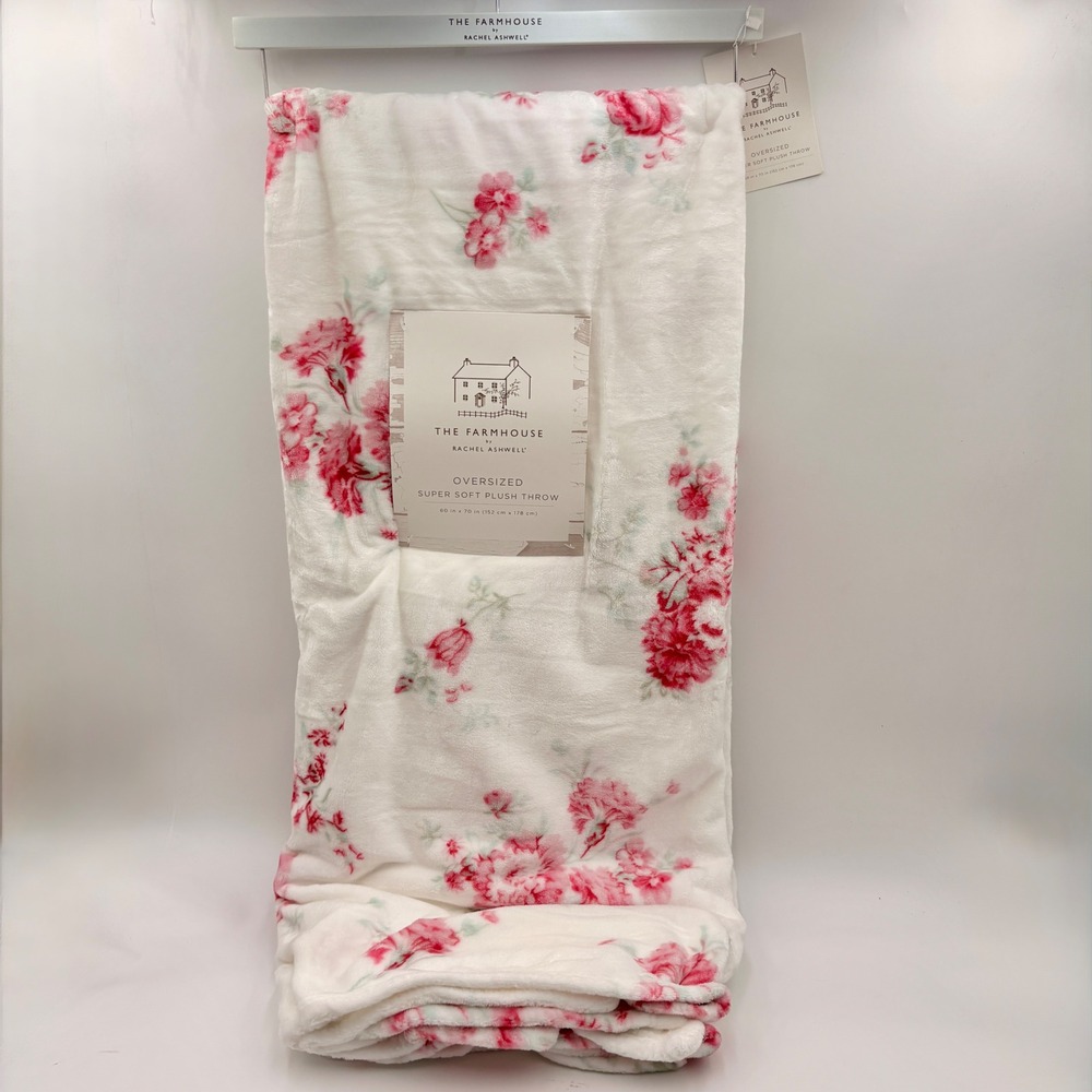 Rachel Ashwell The Farmhouse Pink Floral Rose Plush Throw Blanket 60x70 NEW